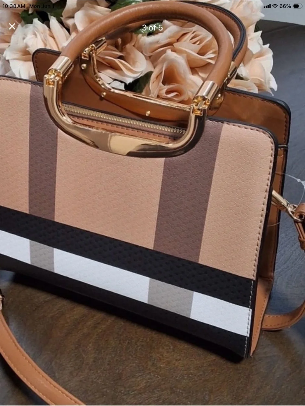 Vegan Approved Structured Stripe Top-Handle Satchel in Taupe and Tan